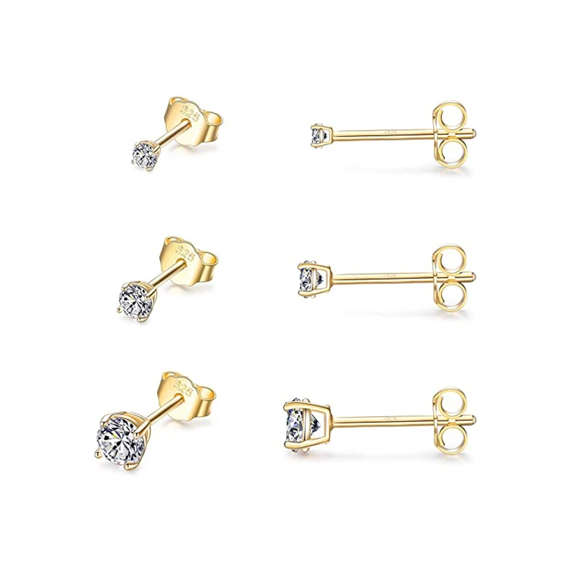 CANNER Classic Jewelry S925 Sterling Silver Cubic Zirconia Stud Earring Set Hypoallergenic 3Pcs Cute Gold Plated Stud Earrings