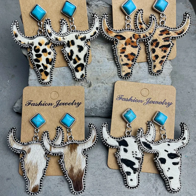 

Boho Vintage Leopard Cow Pattern Horsehair Cowhide Leather Earrings For Ladies Bull Head Turquoise Stud Earrings