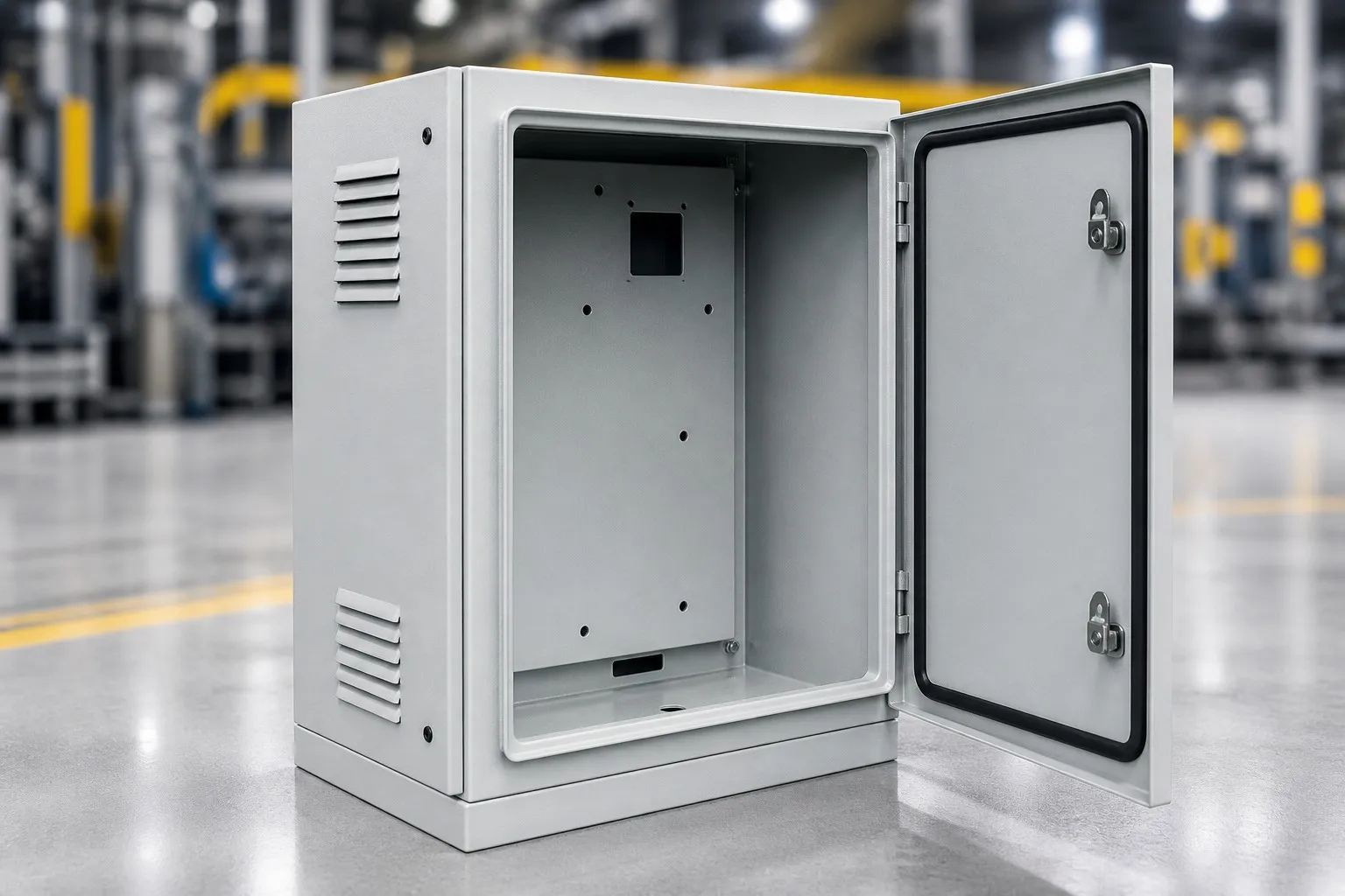 Custom sheet metal electrical enclosures - IP66 rated powder coated industrial control cabinet with laser-cut ventilation louvers, fabricated by DeepLink Metal Fab.