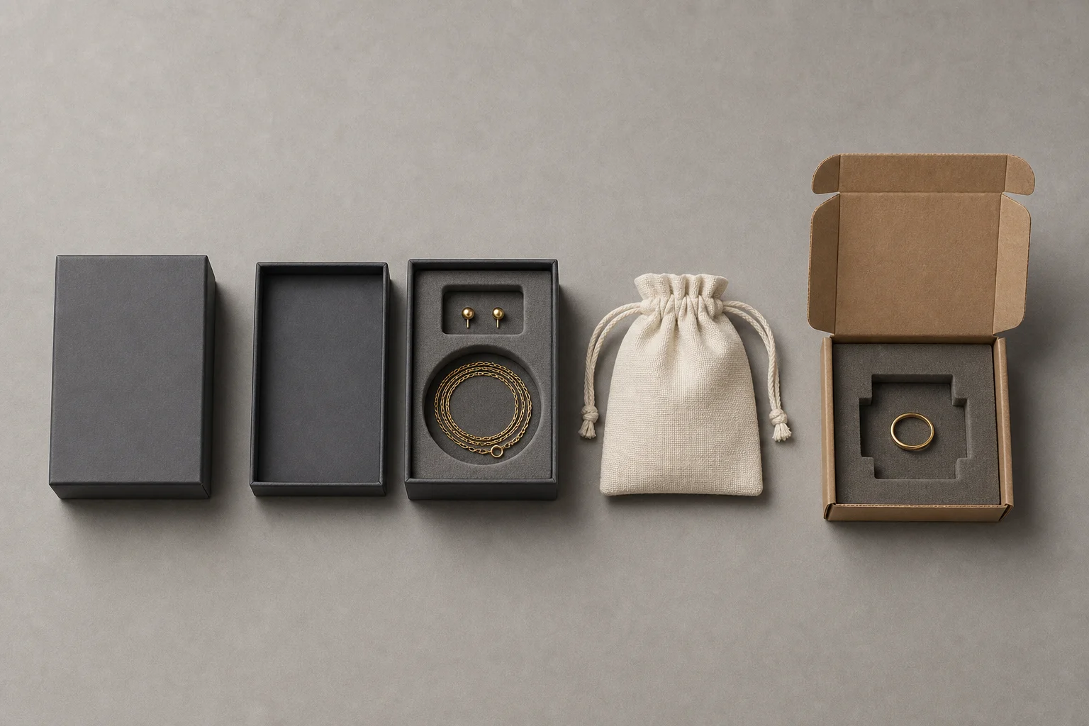 Overhead flat lay on a matte warm-grey studio surface, five packaging units in a row from left to right: a closed charcoal-grey rigid box, an empty open charcoal box base beside it, a charcoal box open to reveal a moulded insert holding a pair of small gold stud earrings above a coiled fine gold chain, a cream cotton drawstring pouch gathered on knotted cords, and an open kraft-brown corrugated mailer whose die-cut foam insert holds a single slim gold ring