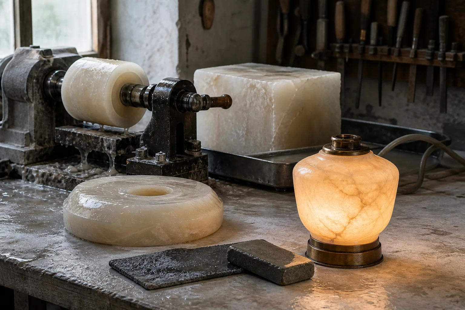 Wet alabaster blank, turned body on the lathe and a finished lit shade on a workshop bench