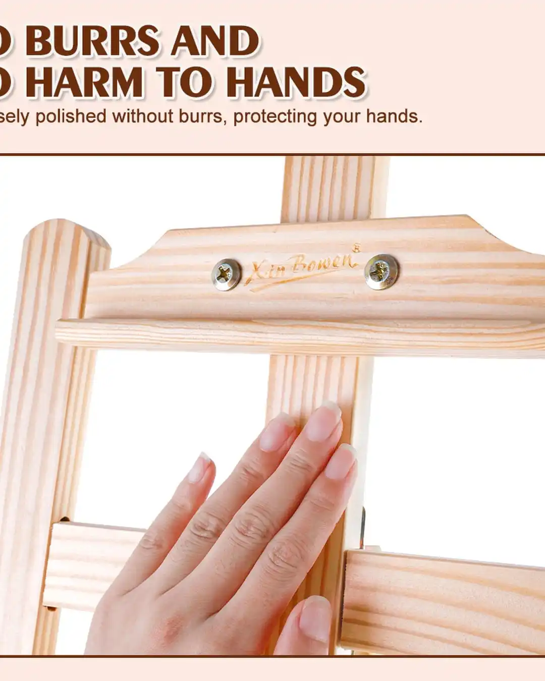 Easel hardware close-up showing a smooth wood finish and tight wing nut