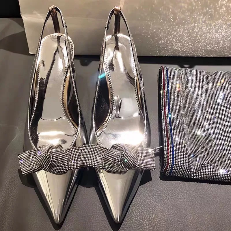 

Bling Leather New Designer Pumps Pointed Toe Slingback Sexy Party Shoes Female Sandal 2022 Silver Heels for Wedding