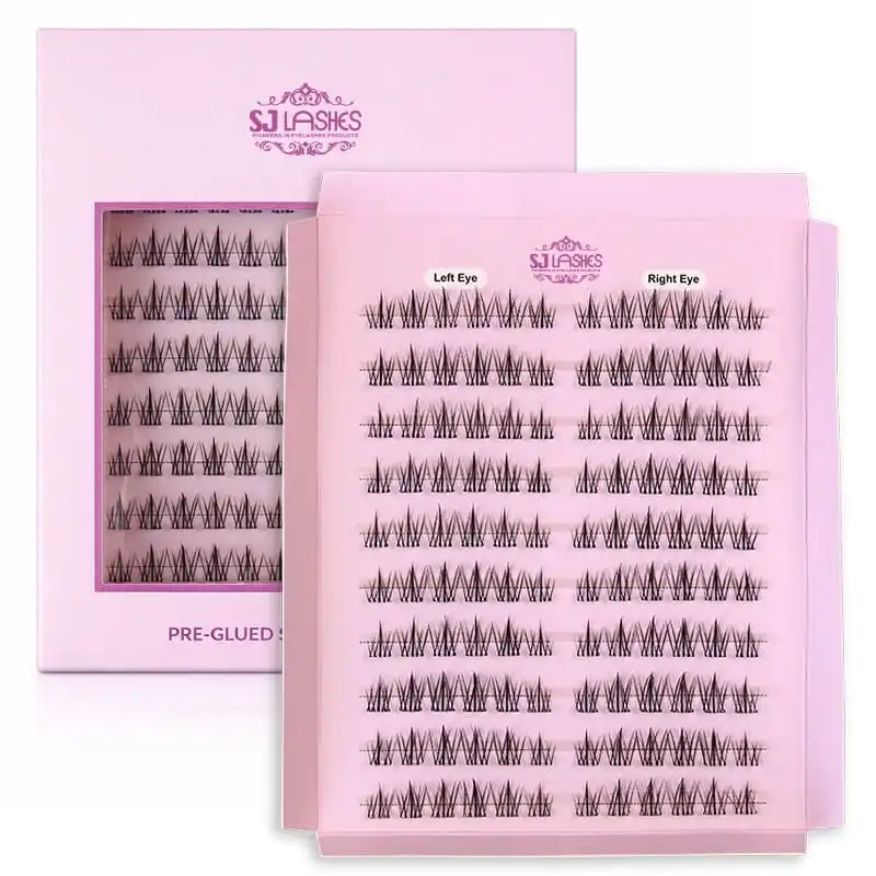 Pale pink pre-glued segment lash box with the SJ LASHES purple foil flourish logo and framed window, single product hero view on white - segment lash box front panel design