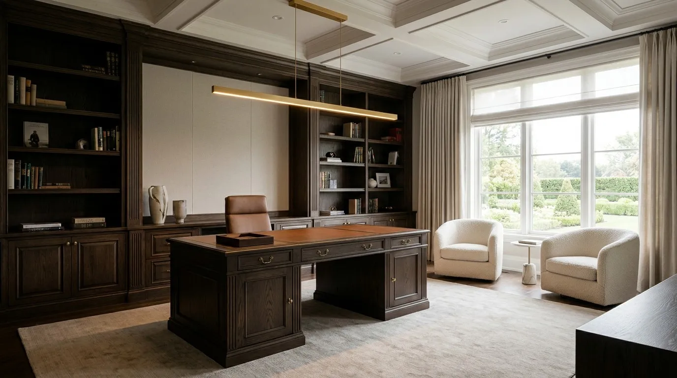 Grand luxury executive home office featuring a Faretto Linear Pendant Light over a dark oak desk