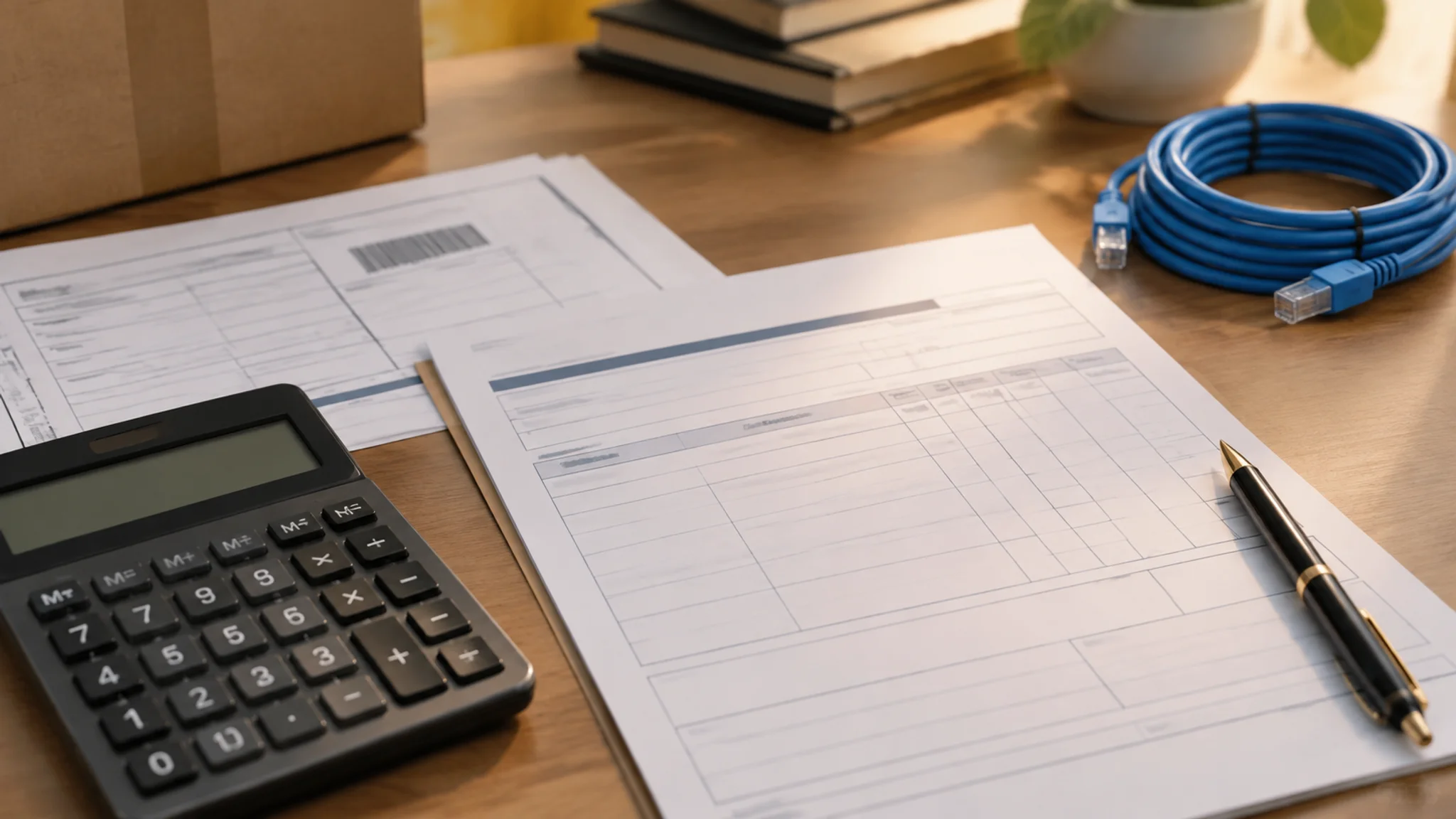 Import documents, calculator and a coil of Cat6A cable on a desk