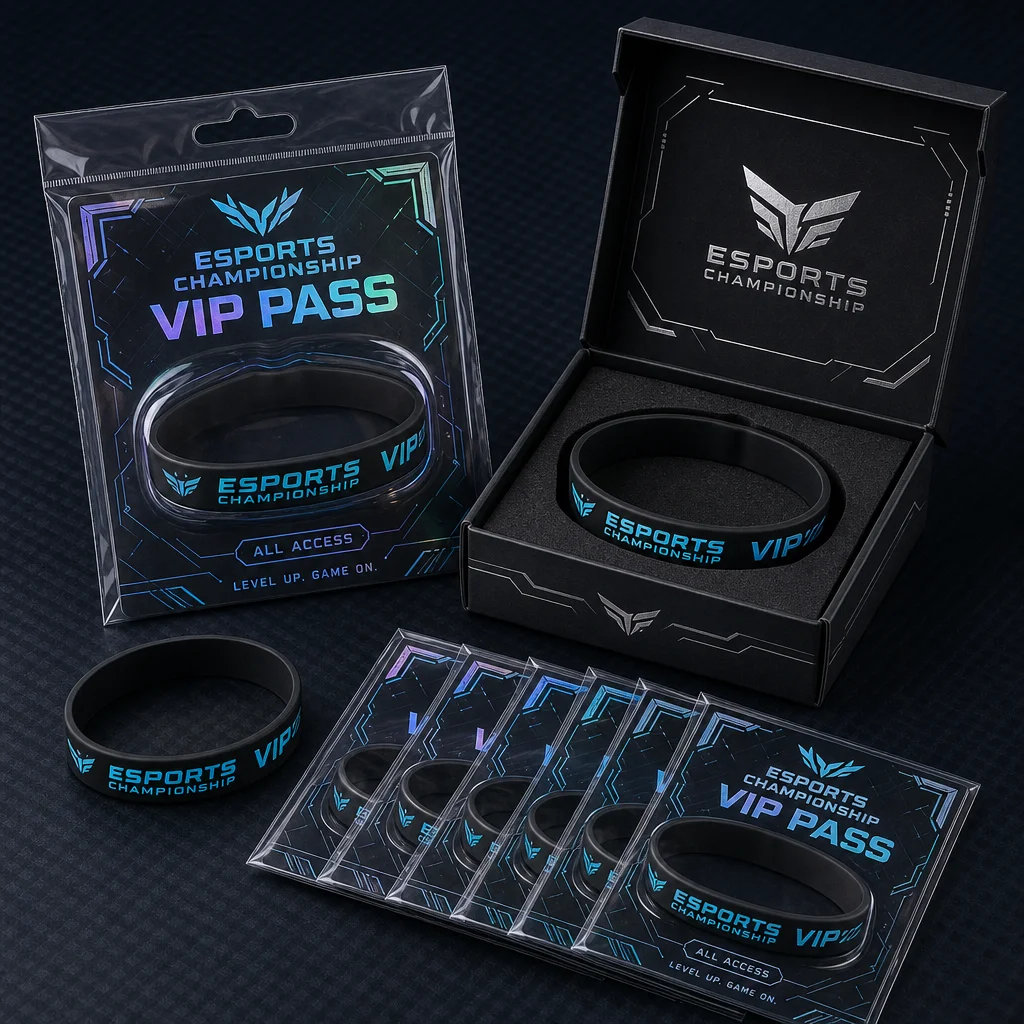 Individual clear OPP bag with custom VIP tournament pass backing card and gift box