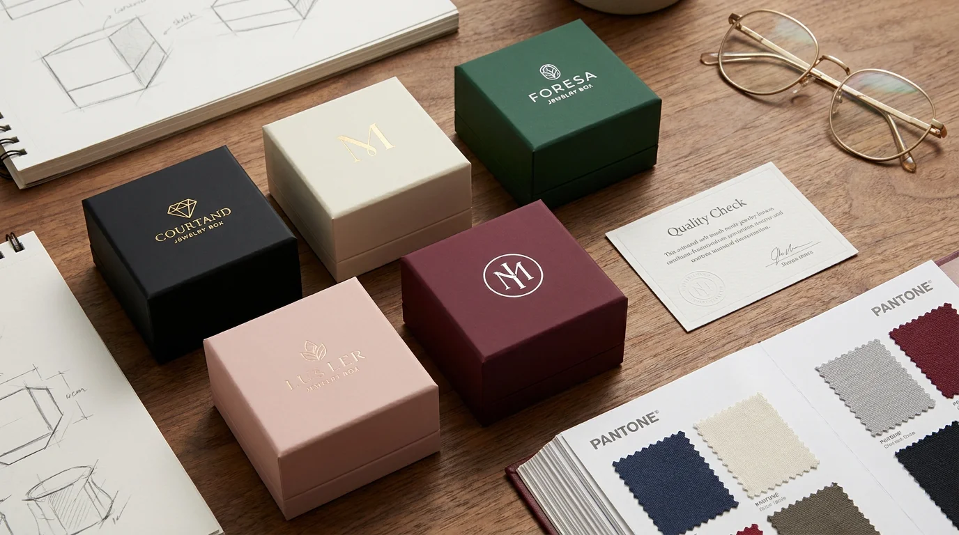 A designer's desk with five different colored custom jewelry boxes and a quality check certificate.