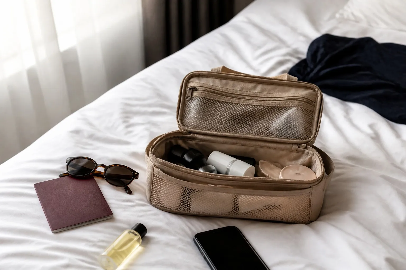 Open travel cosmetic bag on a hotel bed with passport and toiletries scattered nearby