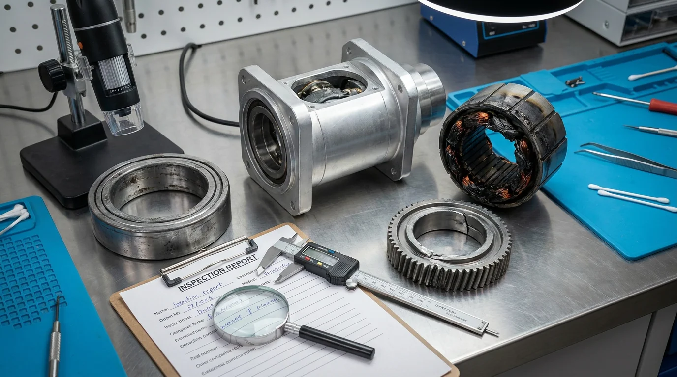 Disassembled silver robot joint module showing worn bearing race with failure analysis inspection tools on laboratory bench