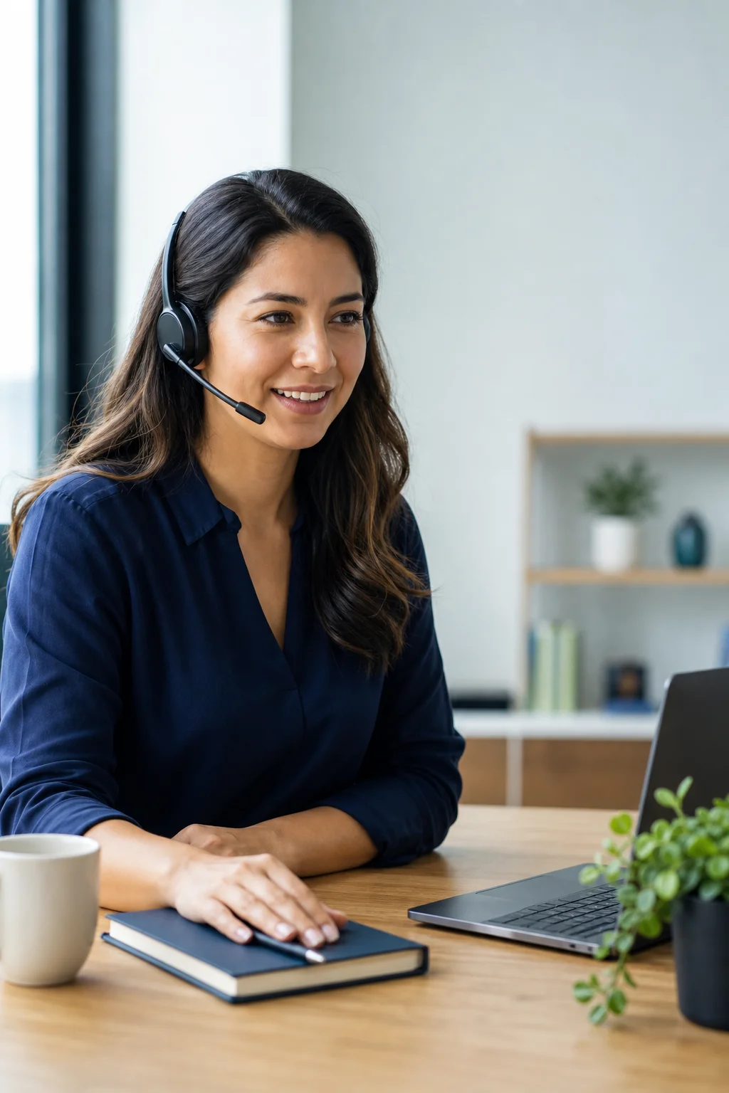 A coordinator wearing a headset, mid-conversation at a bright desk