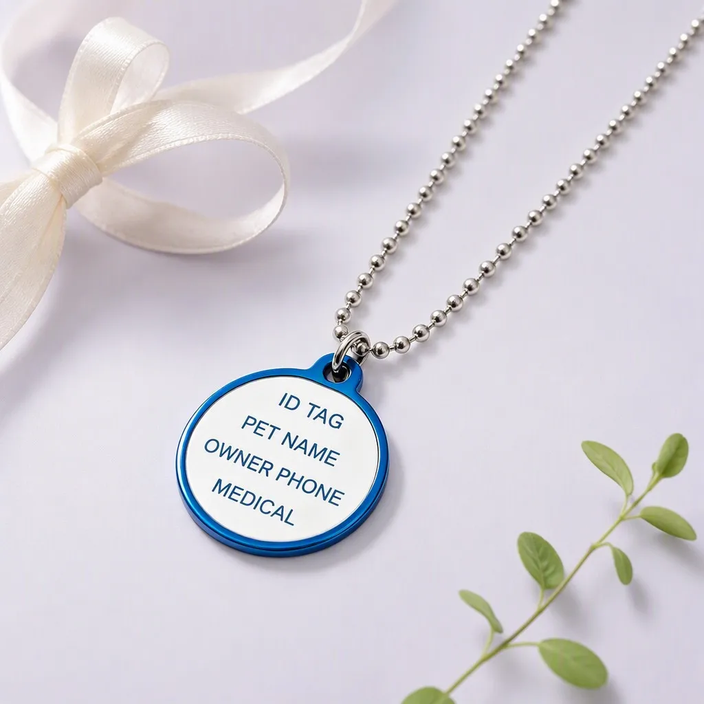 Round pet dog tag with navy blue rim on lavender backdrop