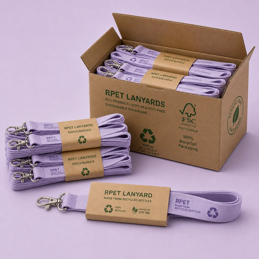 Plastic-Free Recycled Kraft Shipping Box & Paper-Banded RPET Lanyard Bundles