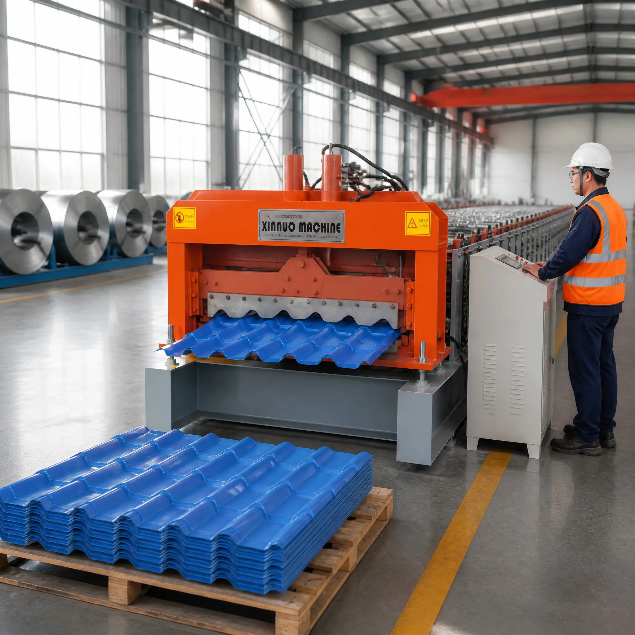 Xinnuo glazed roof tile forming machine running in full production inside the factory