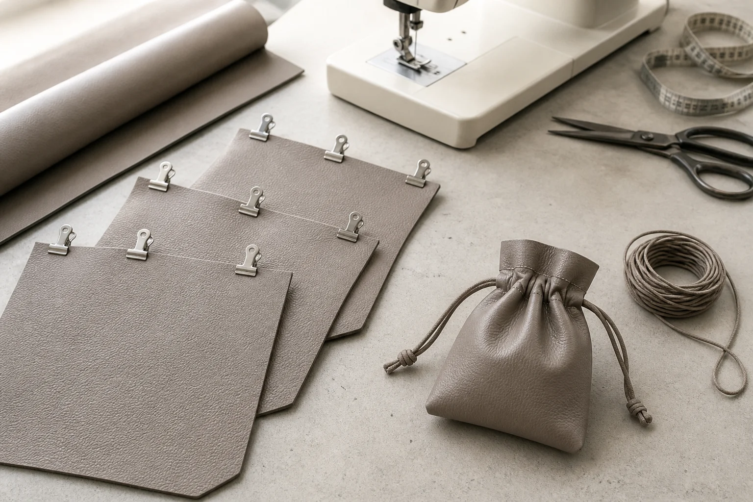 Cut panels of coated faux leather held with spring clips on a worktable beside a sewing machine, shears and one finished drawstring jewelry pouch
