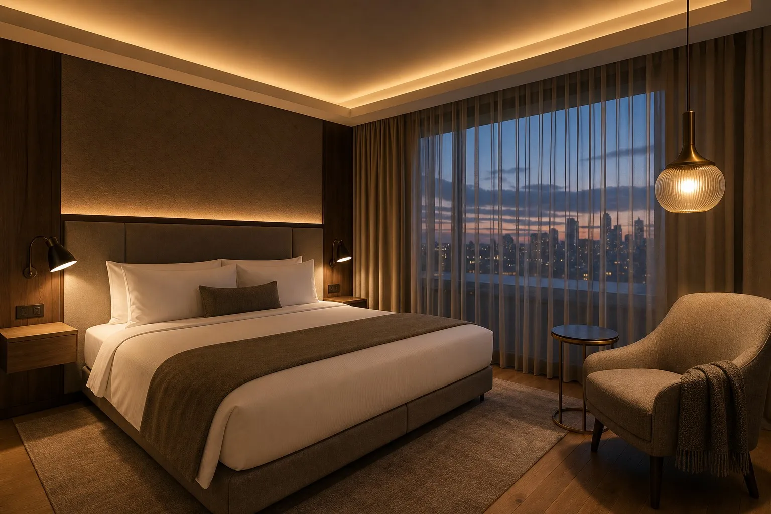 Layered lighting in a hotel guest room at dusk: ambient cove light, bedside reading lamps and a decorative pendant