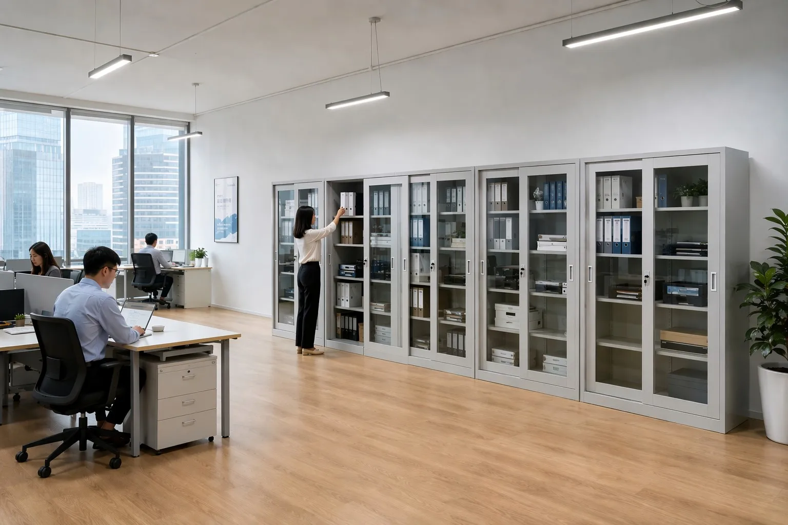 Saruntuyan lomari panyimpenan panto kaca baja dina kantor modern kalawan desain kabuka kalayan karyawan anu damel di méja, file sareng suplai katingali ngalangkungan panto kaca.
