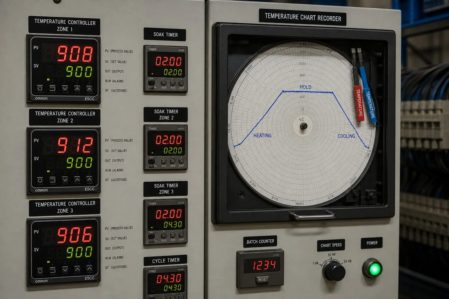 Heat treatment furnace digital control panel and temperature chart recorder