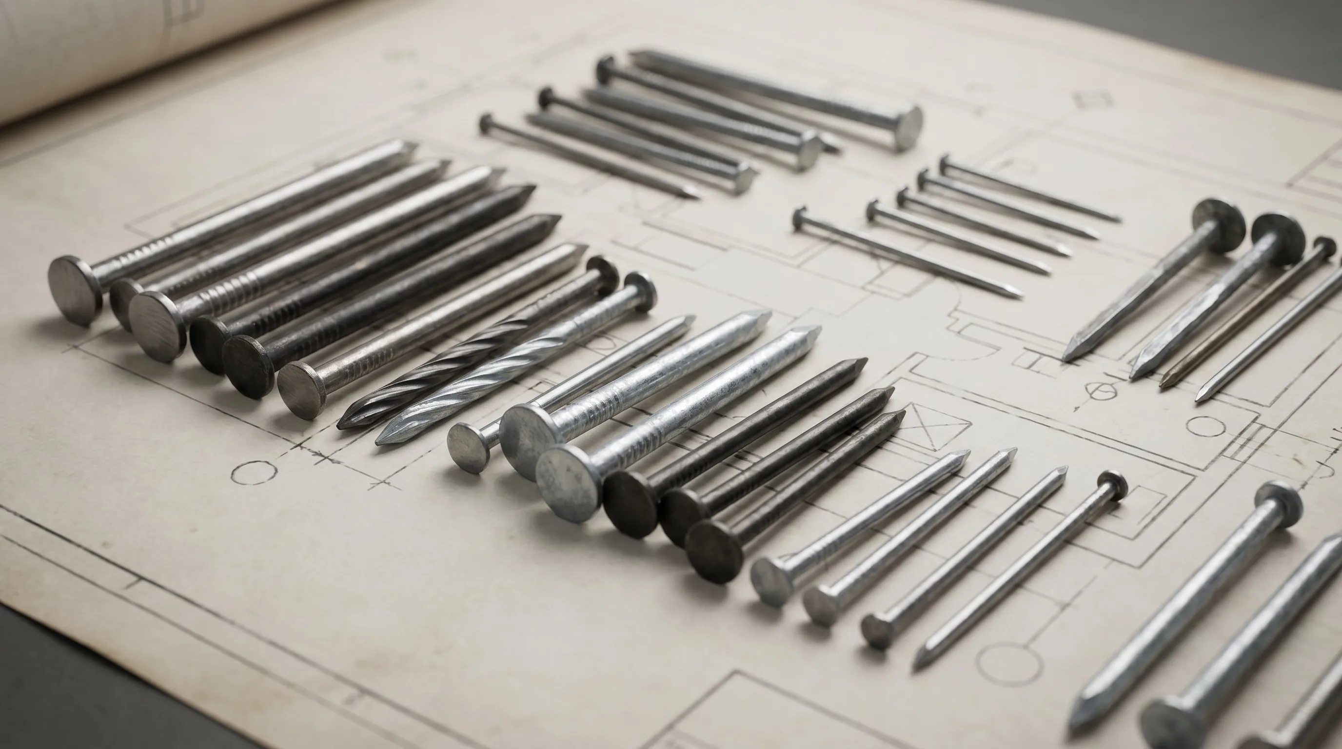 Colección de diversos tipos de clavos producidos por maquinaria automática