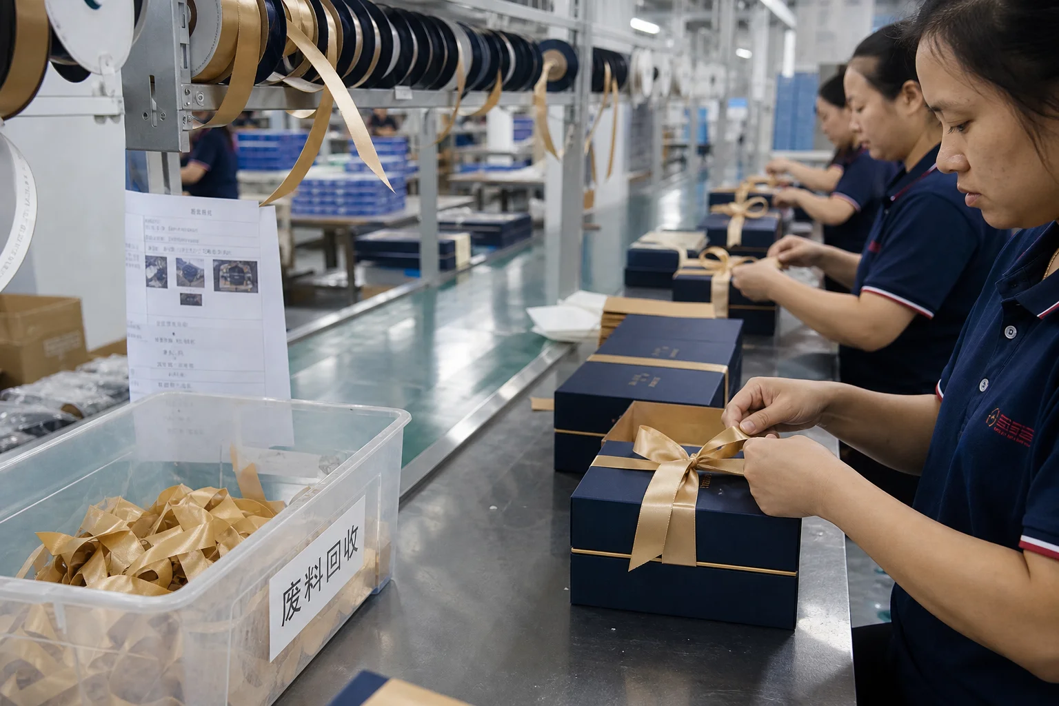 Gift box packaging production line showing ribbon bows being tied with offcut collection container visible alongside uniform ribbon rolls