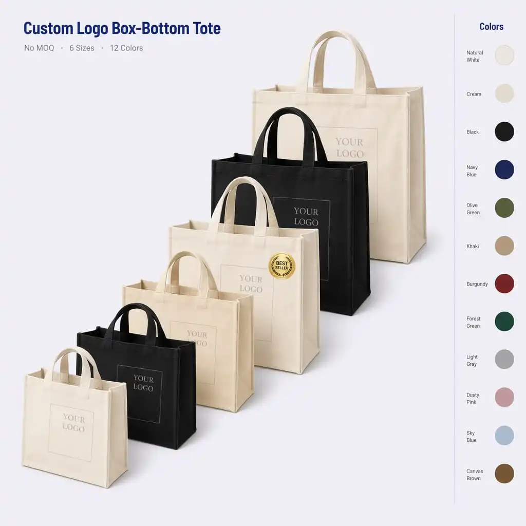 Box-bottom structured canvas totes in natural and black, six sizes