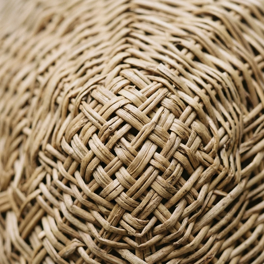Gros plan sur le tissage artisanal et les fibres naturelles de la suspension en rotin