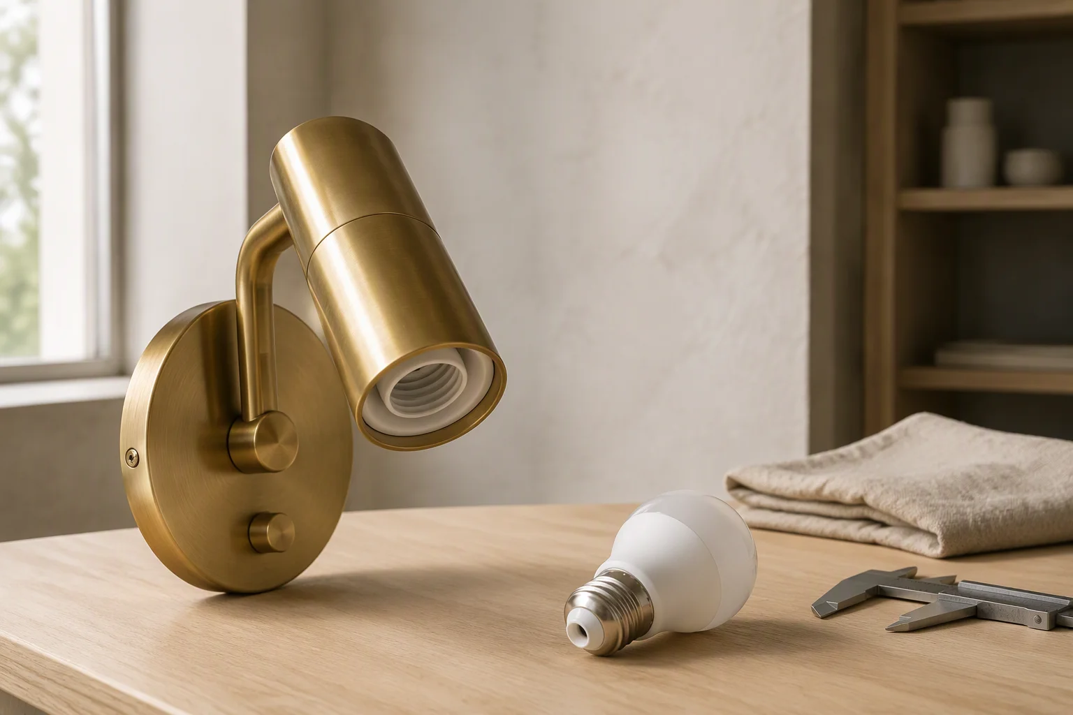 Brass bedside wall lamp beside a screw-base LED lamp, comparing lamp base types on a specification bench