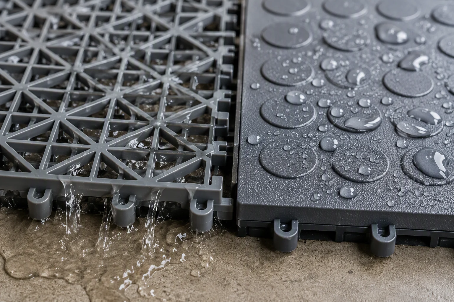 Macro detail comparison of water draining through open-rib garage tiles versus water beading on solid garage floor tiles