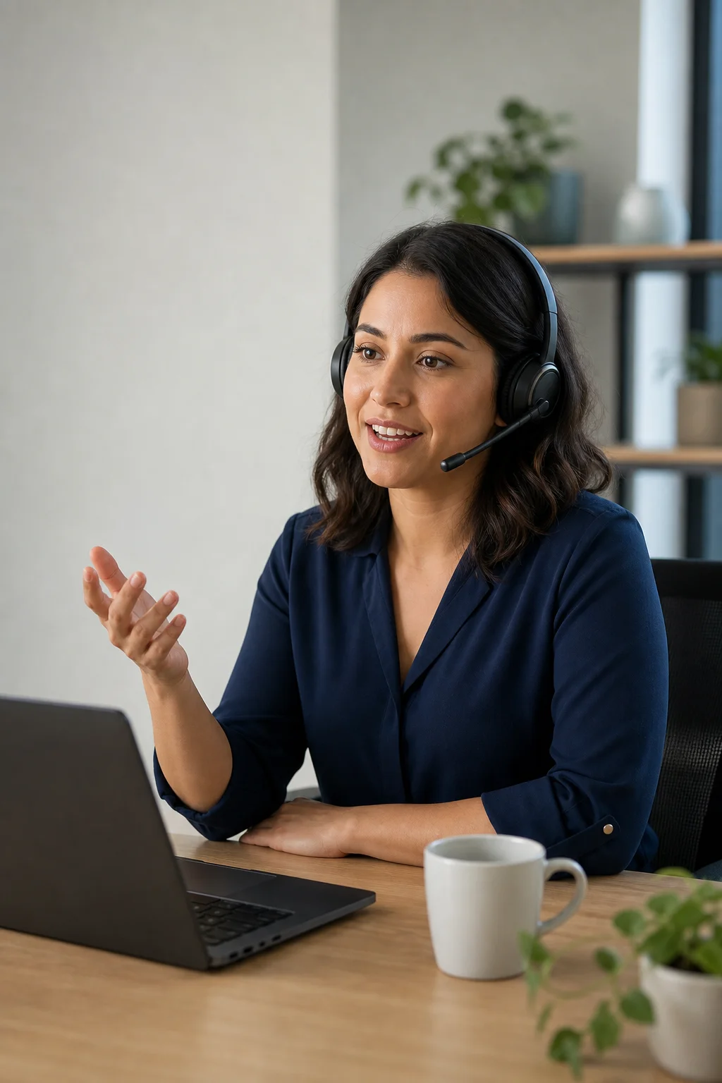 A voice coordinator wearing a headset, mid-conversation at a bright desk