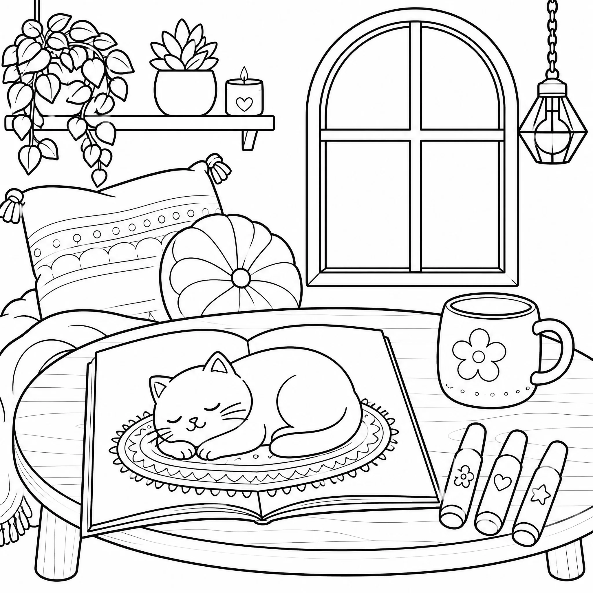 Bold and easy cozy craft nook coloring page with napping cat, three markers, and arched window