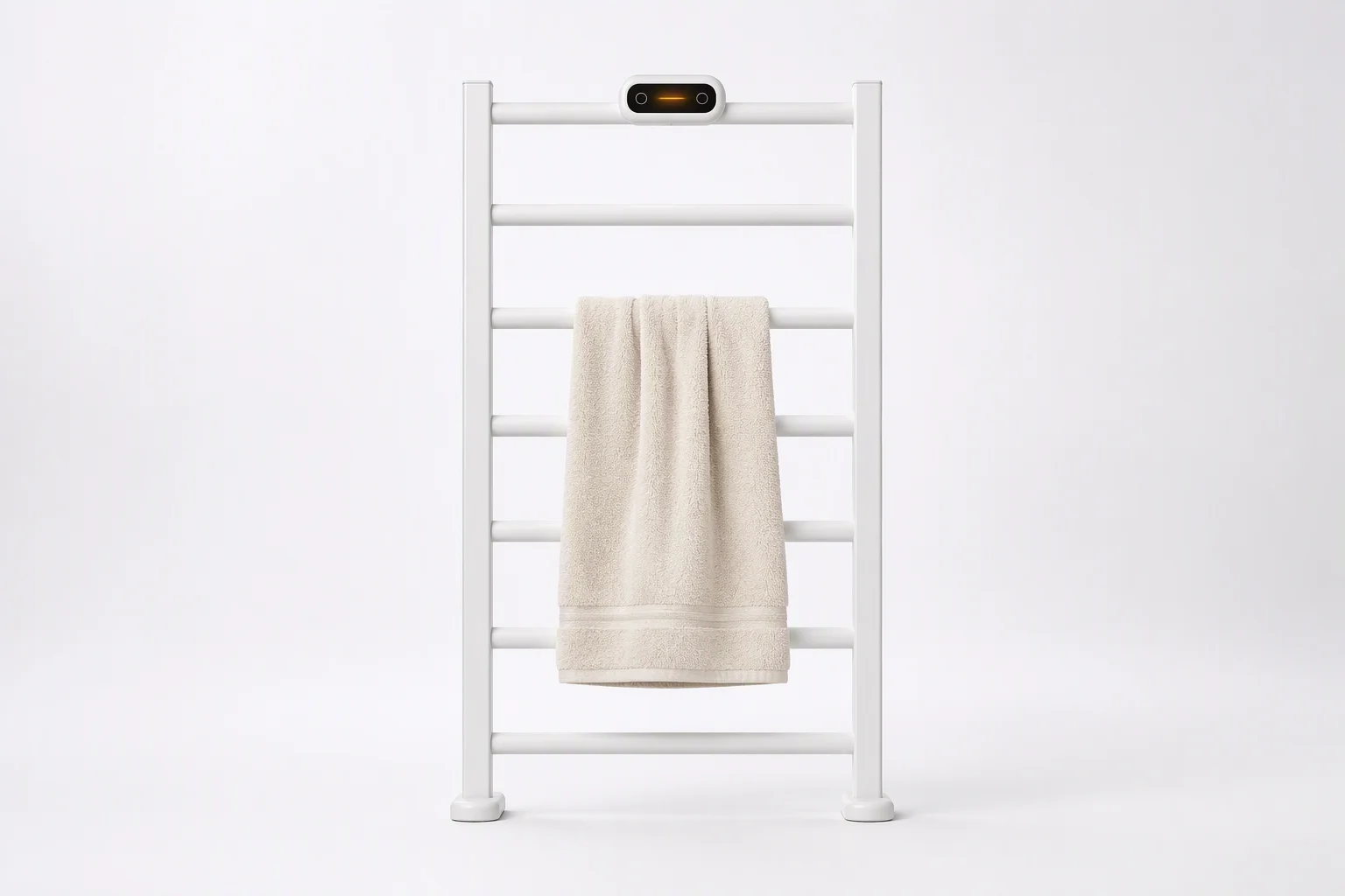 Matte white heated towel rail with top display, two touch buttons and draped towel