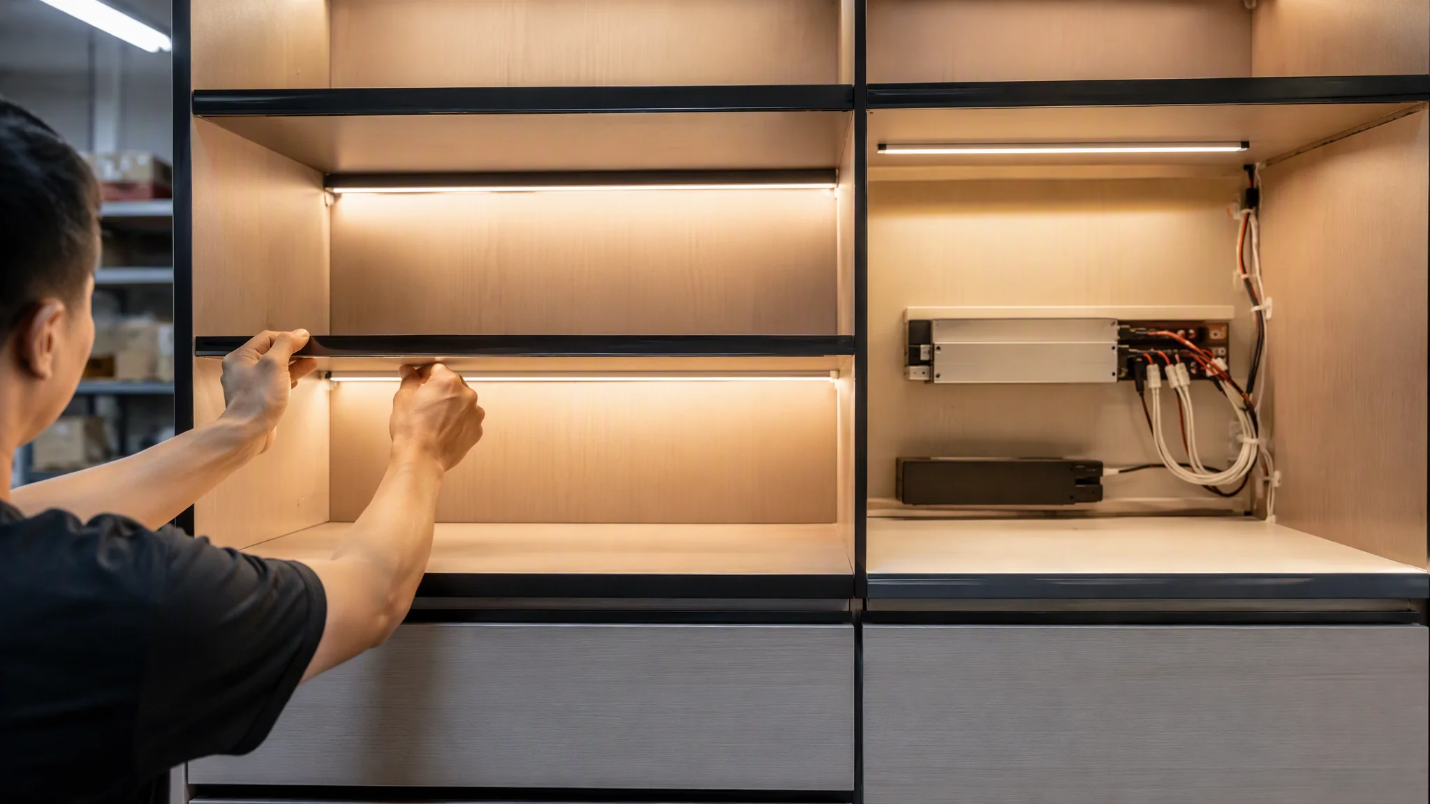 Lighting professional testing a completed cabinet and furniture COB LED strip mock-up