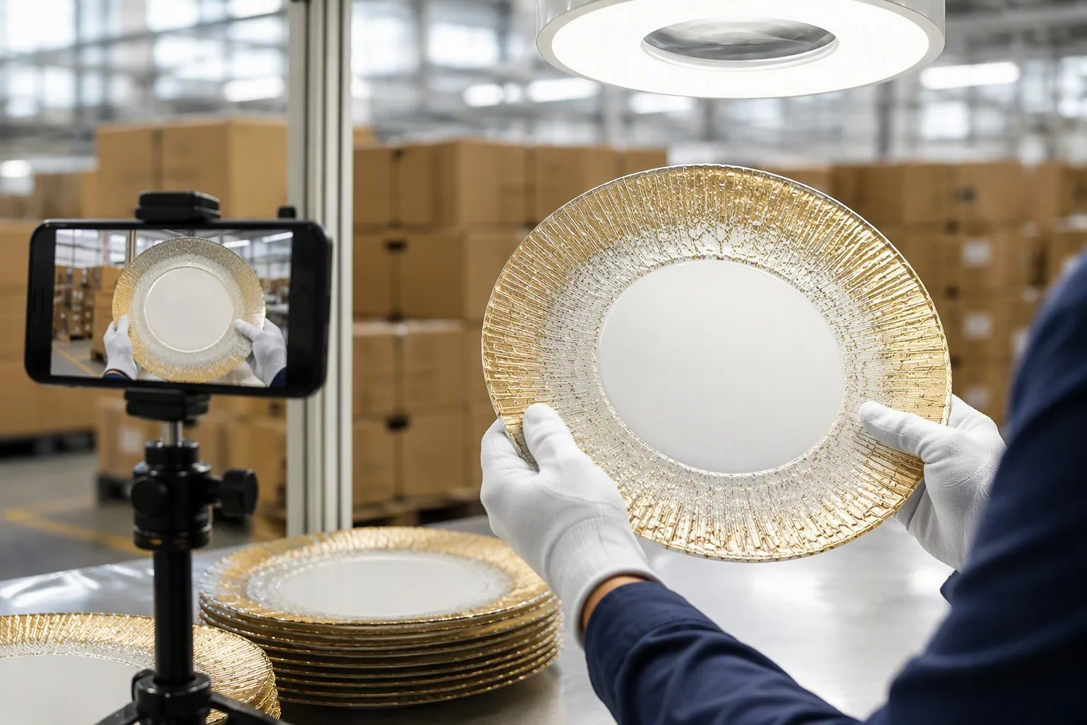 Quality control inspection of gold charger plate under bright inspection lamp