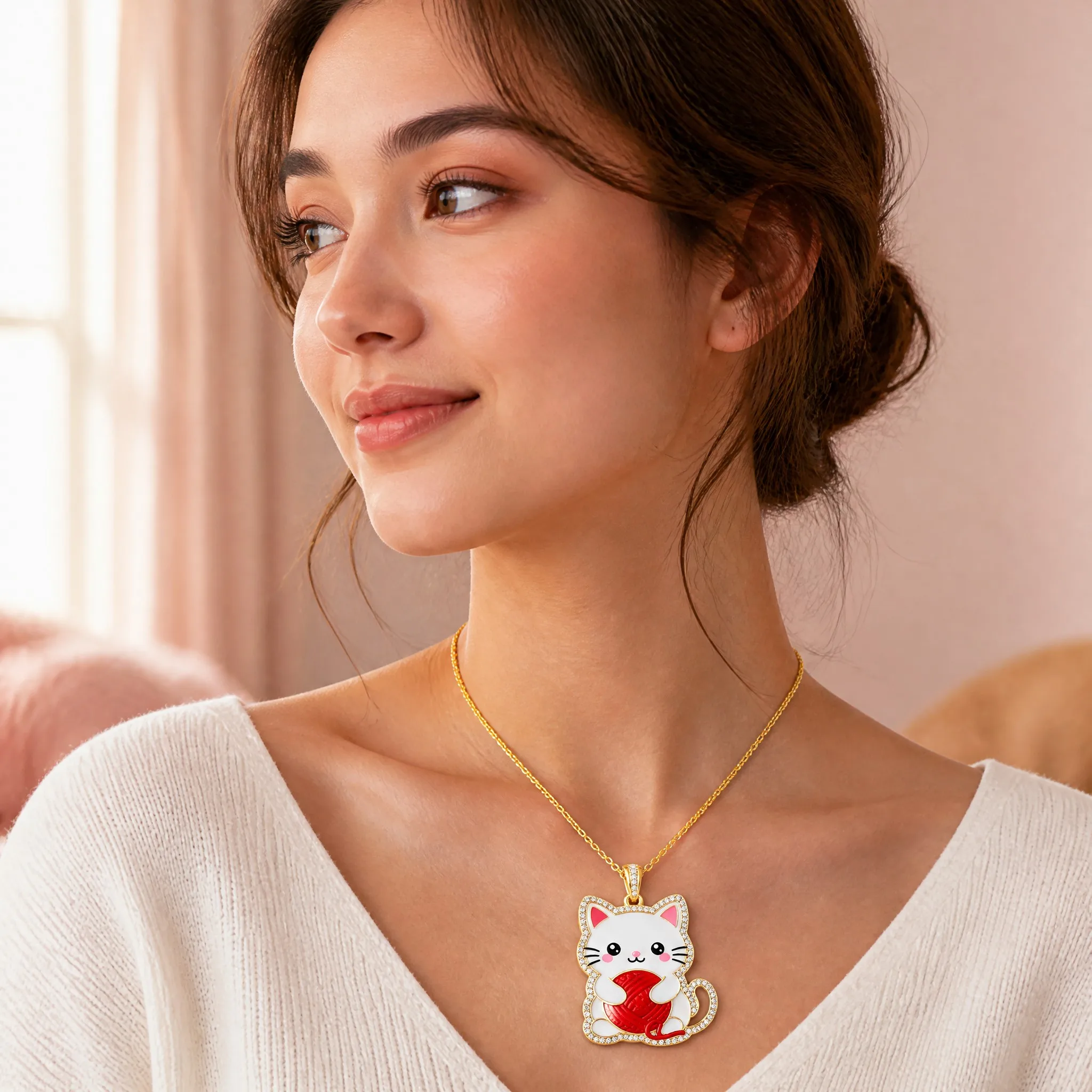 Young woman wearing kawaii cat pendant necklace, lifestyle photo