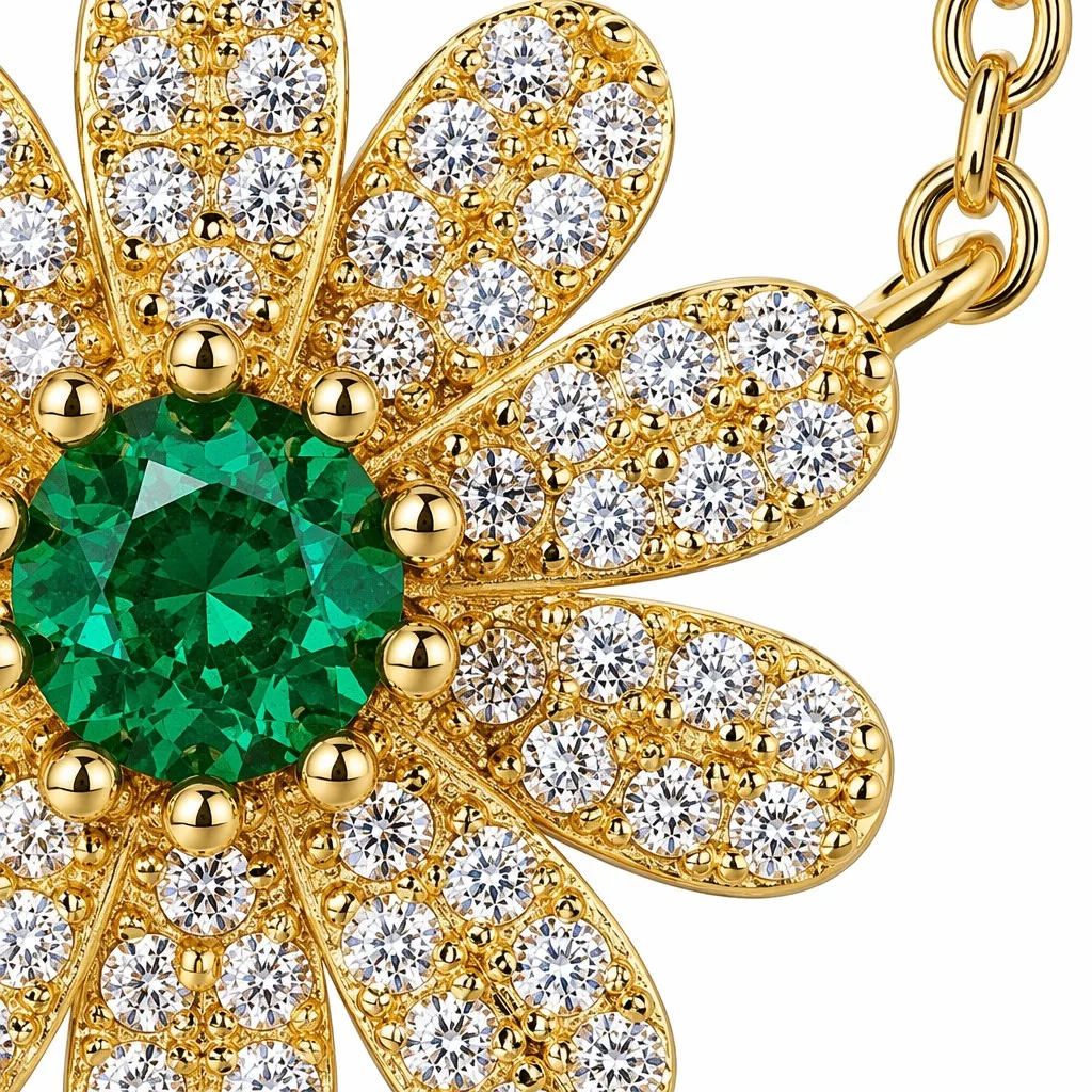 Daisy Flower Emerald Pendant Necklace Gold Link Chain Floral Jewelry for Women Gift