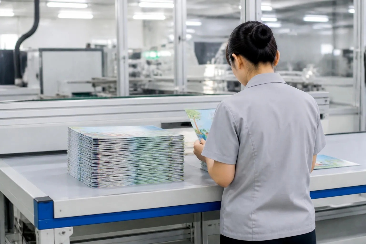 Chinese QC inspector checking children's books in printing factory