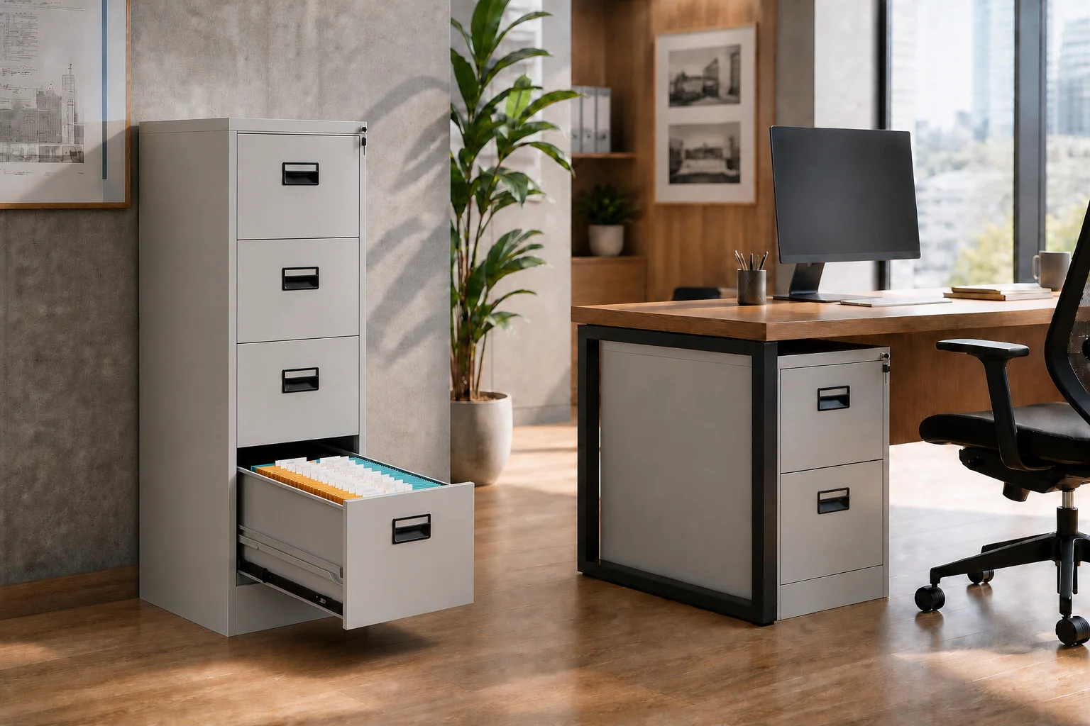 commercial 4-drawer filing cabinet standing beside a 2-drawer mobile file pedestal in modern corporate office