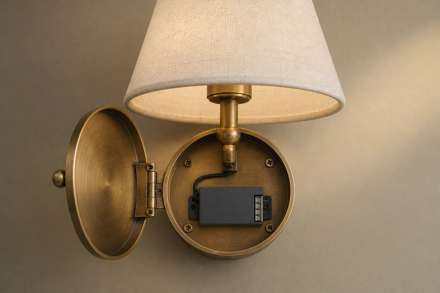 A wall light opened from the room side to show the driver module and its connector inside the body