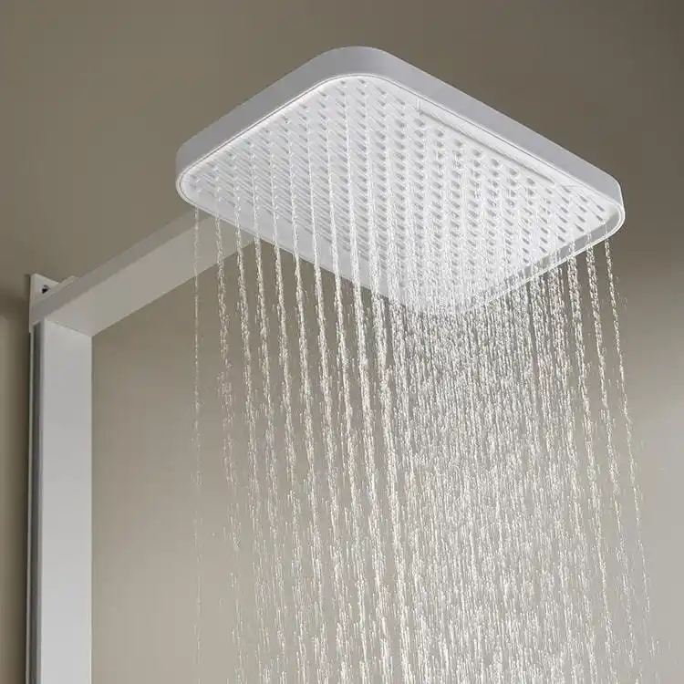 Overhead Rainfall Drench in Minimalist Master Bath digital-display-white-shower-set-scene