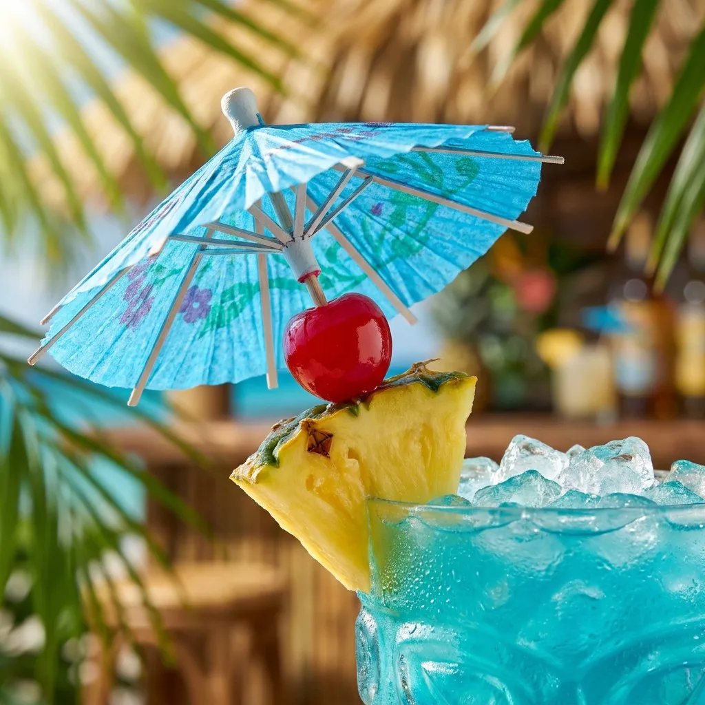 Paper parasol cocktail pick in tropical blue cocktail with cherry and pineapple garnish palm leaves background