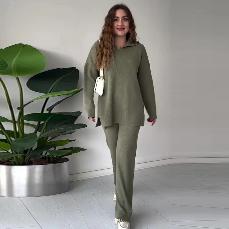 Wholesale Casual Winter Women's Breathable for Sweater Suit Solid V Neck Knit Sweater Wide Leg Pants Set