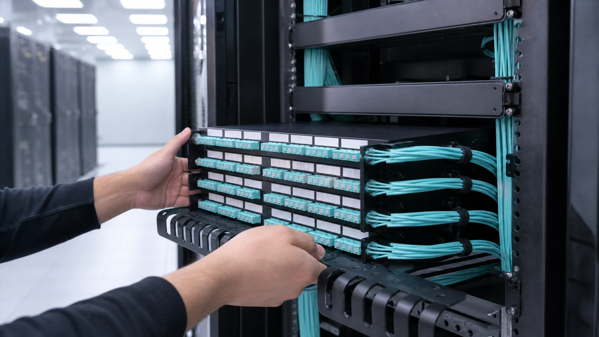 High-density fiber patch panel with MPO cassettes installed in a data center rack