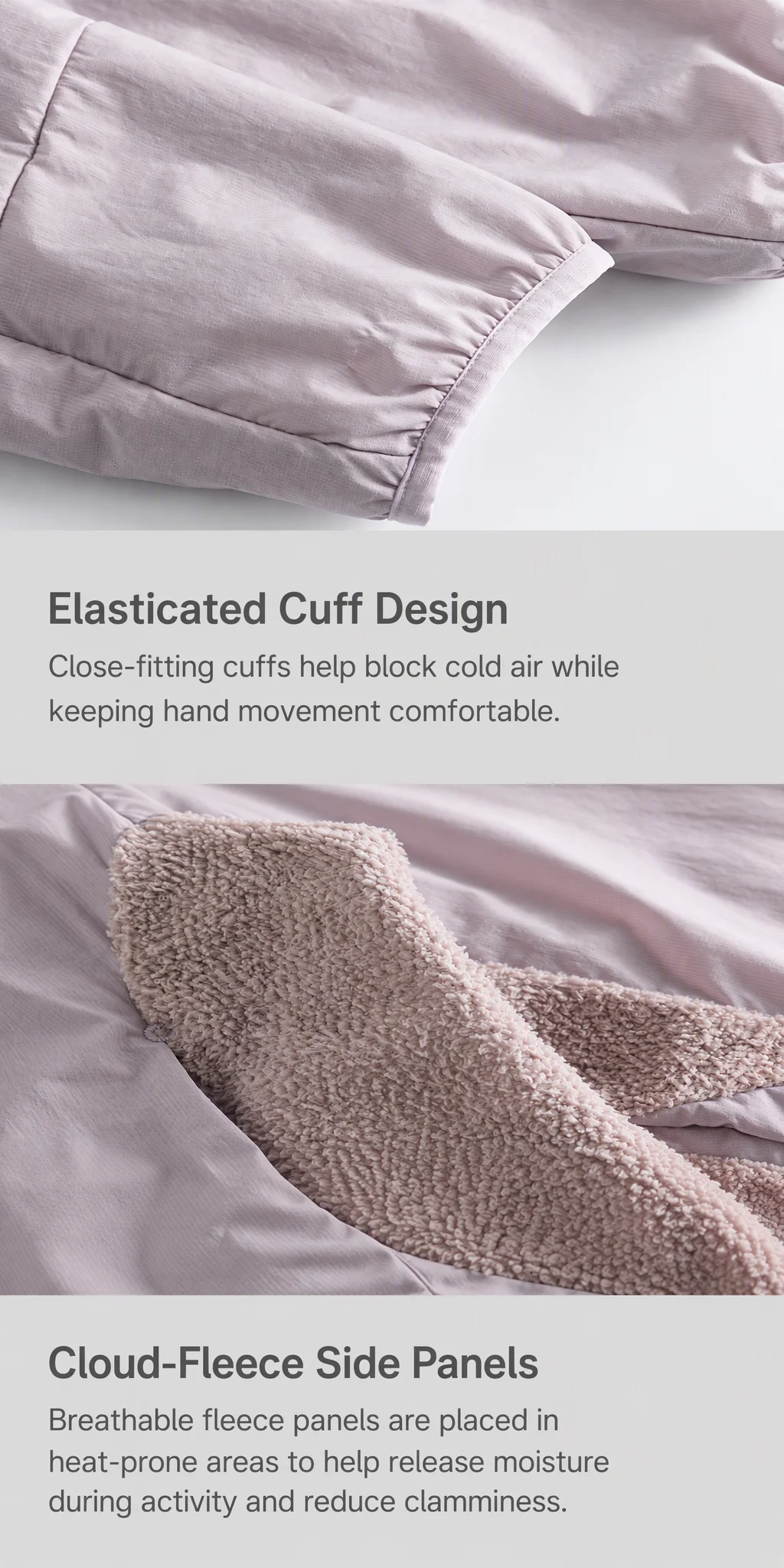 Elasticated cuff and cloud-fleece side panel detail