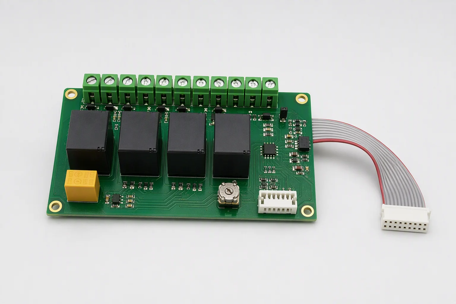 Relay power control board with terminal blocks and ribbon cable