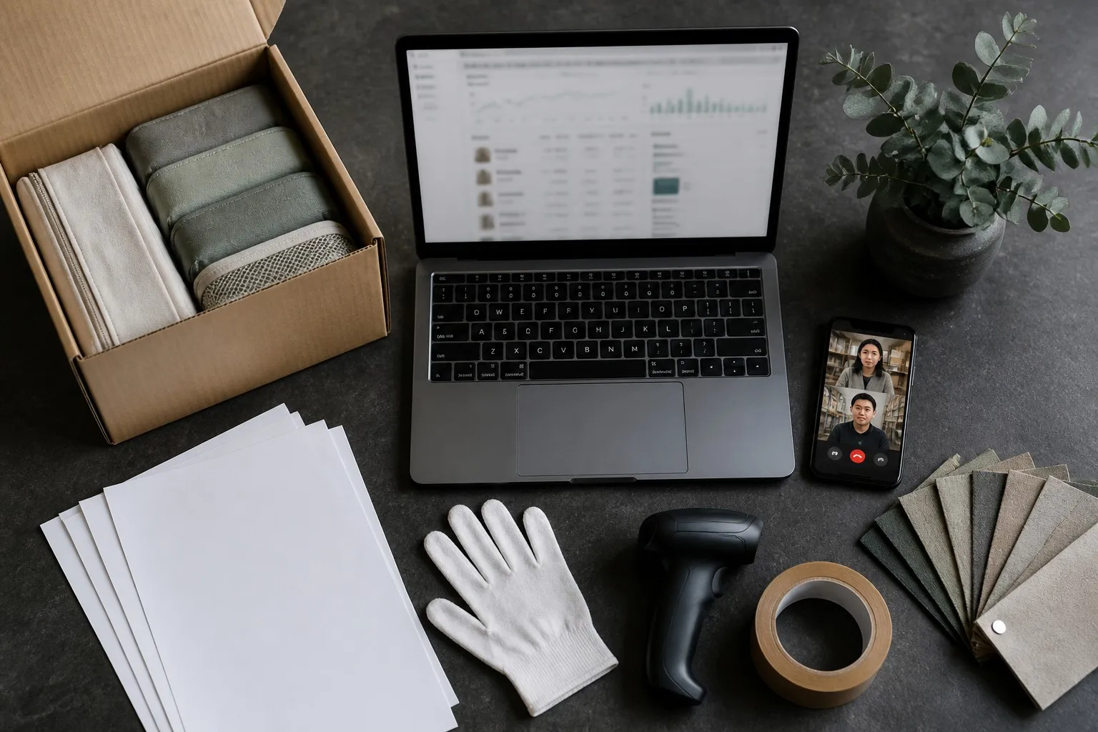 Amazon FBA sourcing workspace — Seller Central dashboard, shipping carton, fabric swatches, compliance documents