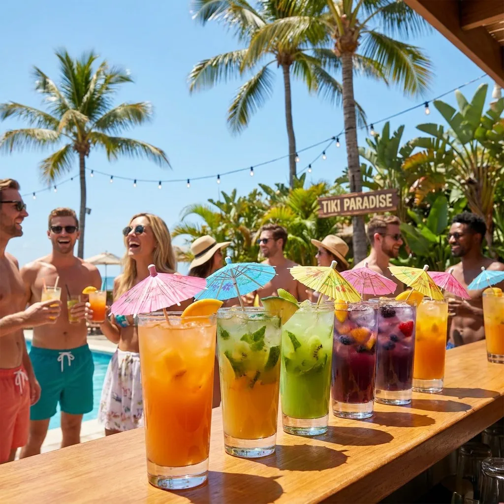 Tropical poolside party scene with colorful cocktails garnished with paper parasol picks palm trees background