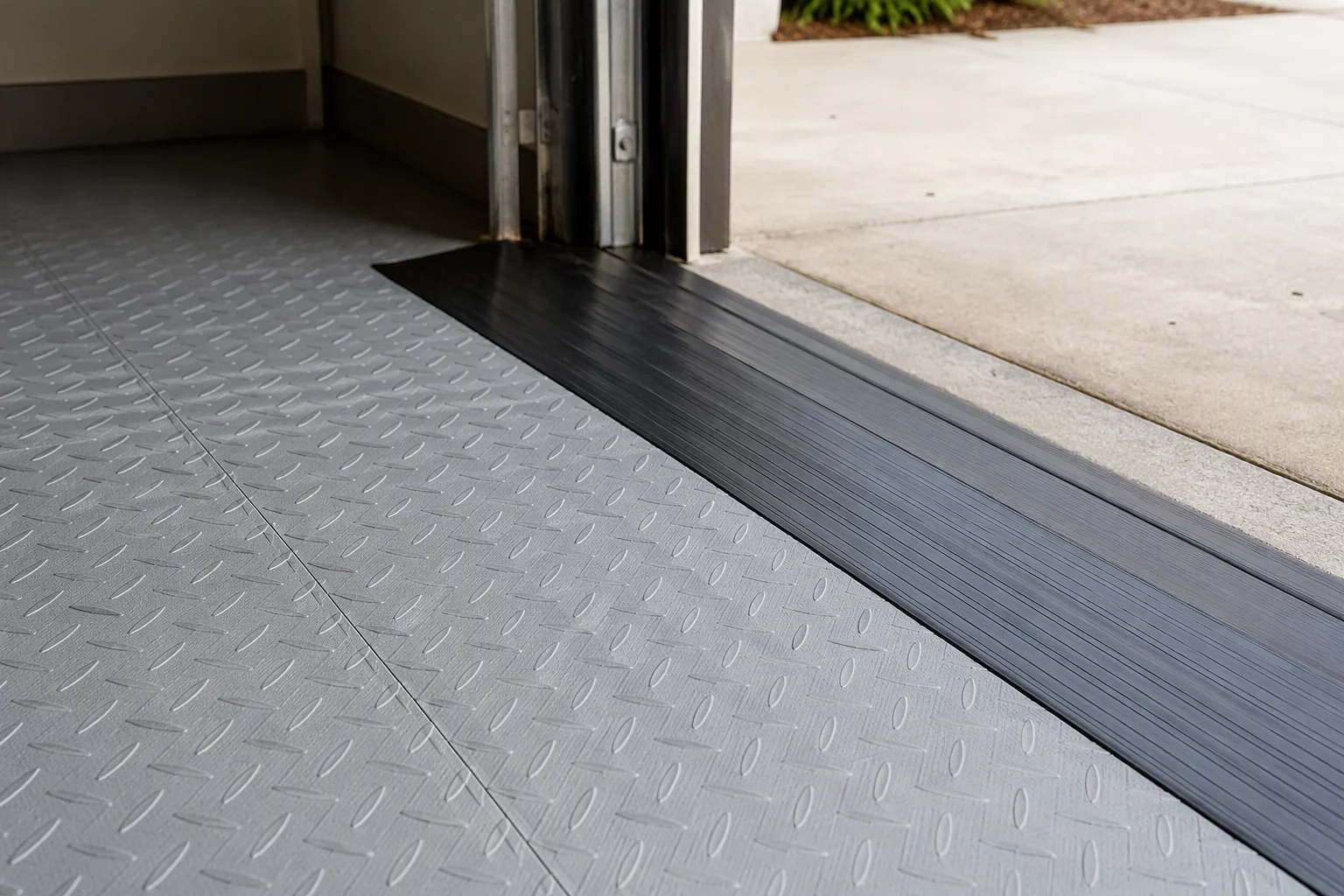 Garage floor tile ramp at the door threshold transitioning to the driveway