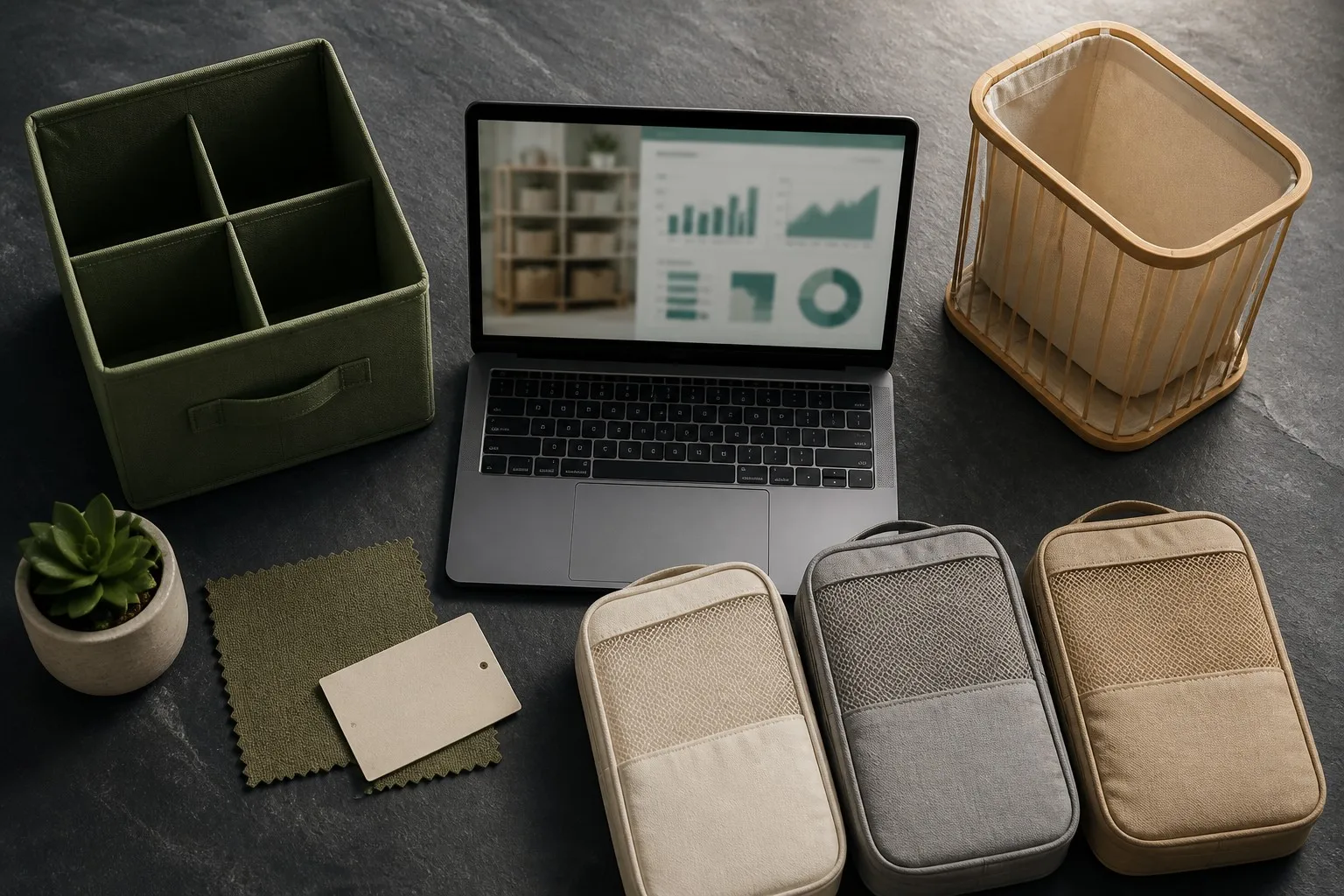 2026 storage product trends — market dashboard, modular bins, neutral packing cubes, RPET swatch, bamboo basket