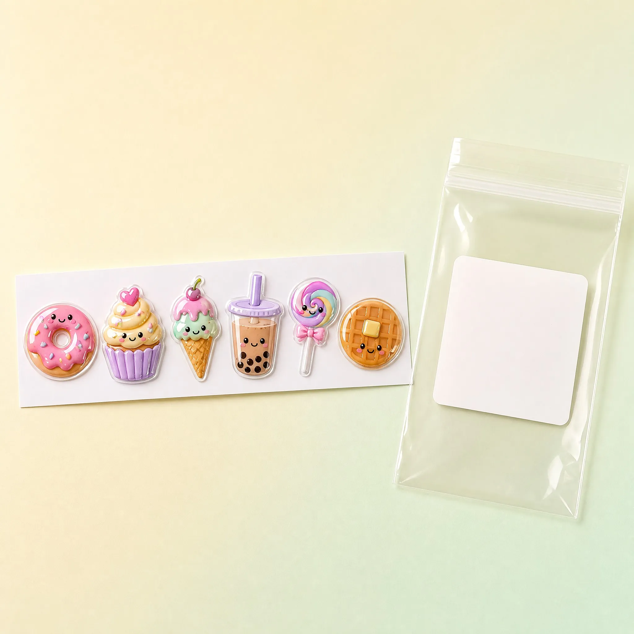 Epoxy domed sticker set on backing card with transparent packaging bag