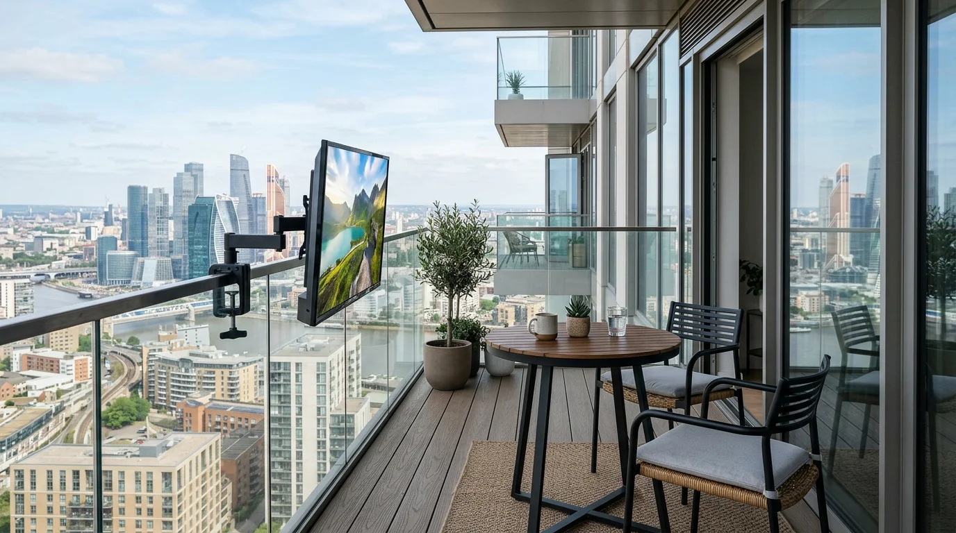 Outdoor TV on apartment balcony with railing mount — no wall drilling required